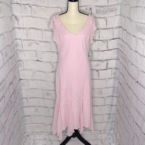 S. L. Fashions Light Pink Dress, flutter sleeves, V Neck Beaded Bottom Size 16